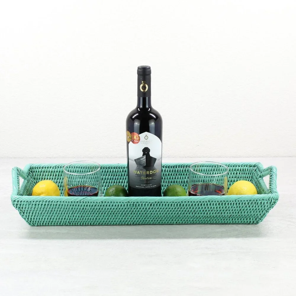NEW Handwoven Long Large Rattan Serving Tray with Handles-Turquoise
